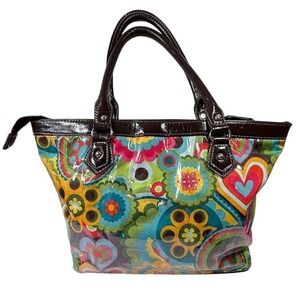 Colorful Purse Floral Print Tote Bag with Patent Brown Trim